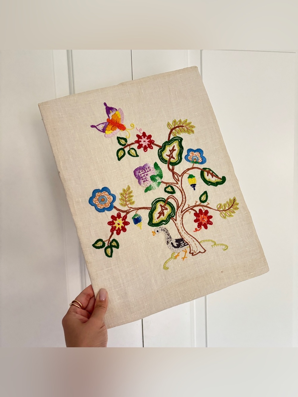 Vintage Whimsical Unframed Crewel Embroidered Art of Tree Florals Butterfly Duck